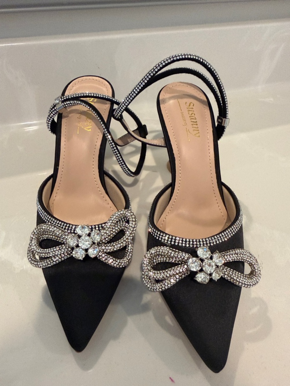 Savvy Black Pointed Toe Rhinestone Bow Slingback Heels